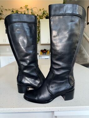 Franco Sarto Black Leather Knee-High Block Heel Boots